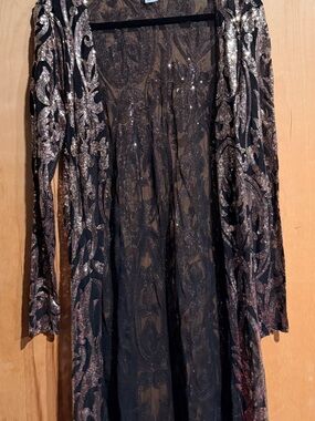 VENUS Black and Gold Sheer Embellished Long Jacket